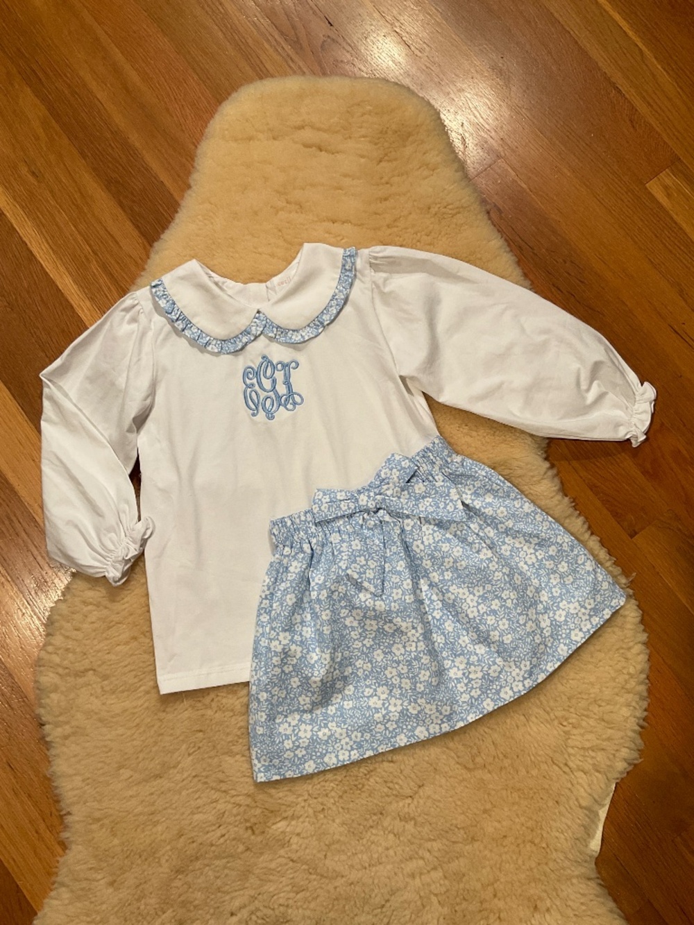 Cecil and Lou monogrammed top and floral skirt